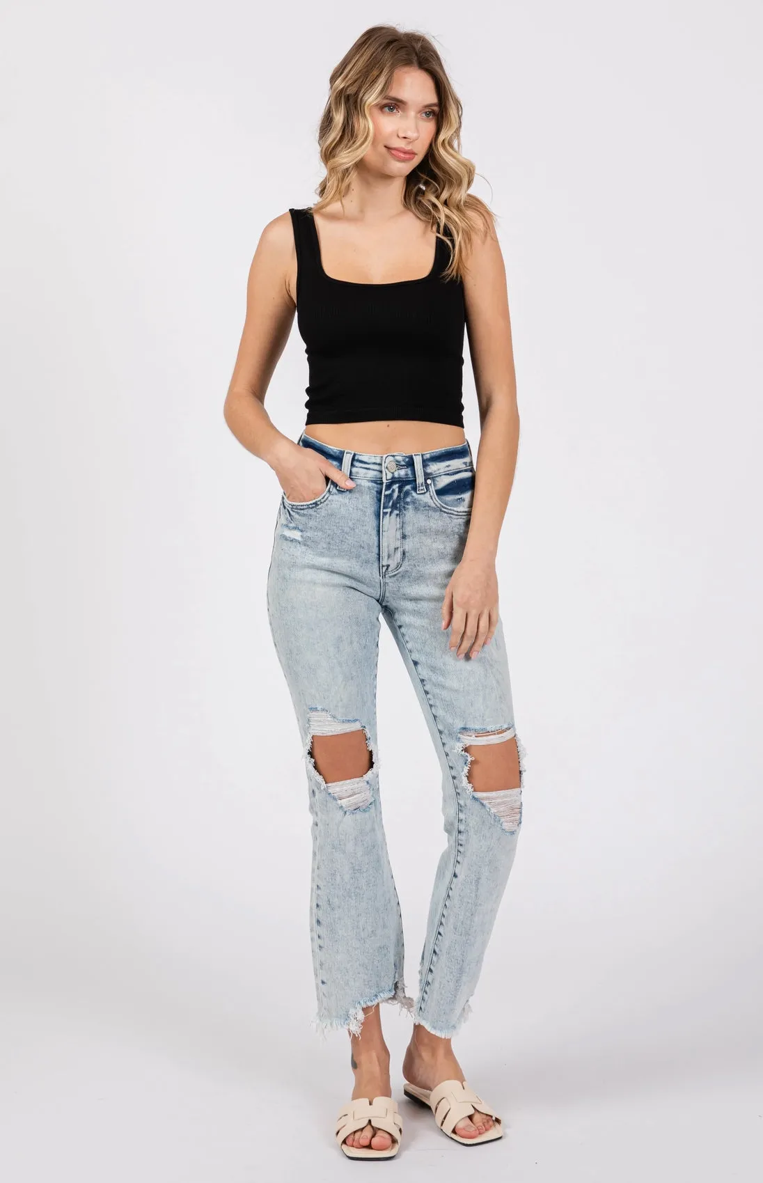 High Rise Crop Bootcut Frayed Hem Jeans