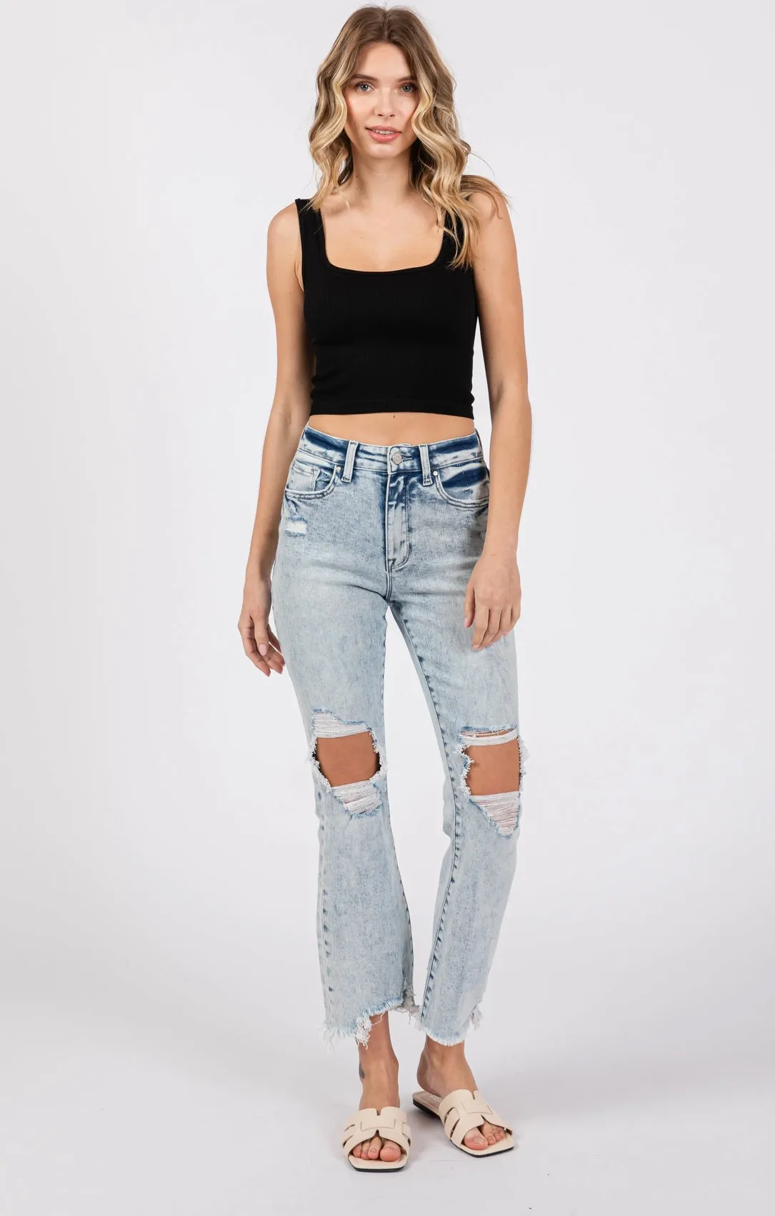 High Rise Crop Bootcut Frayed Hem Jeans