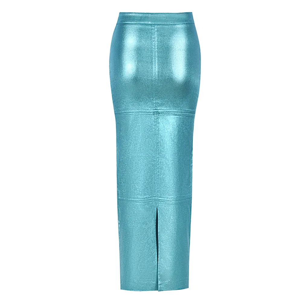 High Waist Metallic PU Maxi Skirt