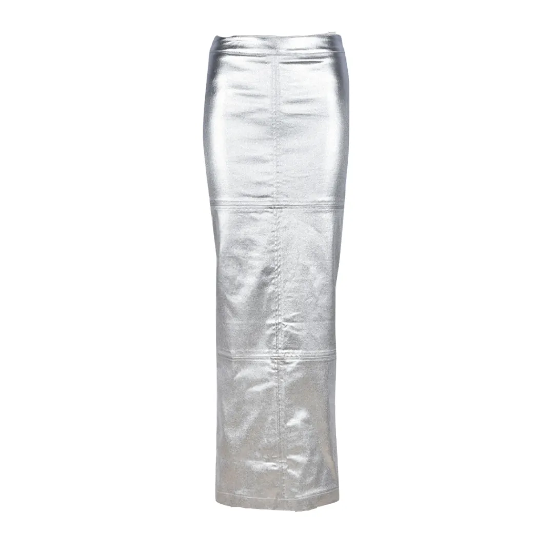 High Waist Metallic PU Maxi Skirt