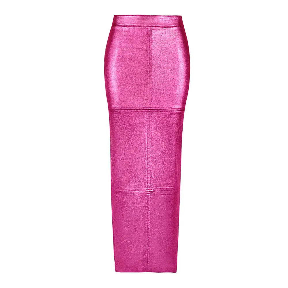 High Waist Metallic PU Maxi Skirt