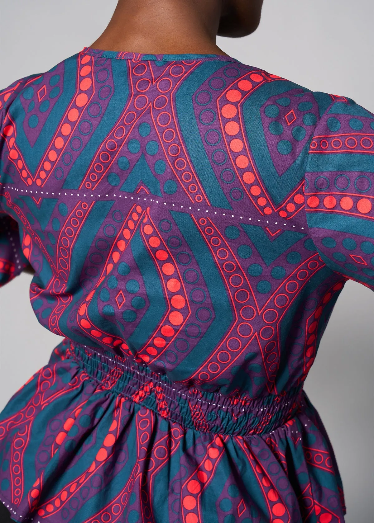Imudara Women's African Print Peplum Blouse (Rhubarb Retro Diamonds)
