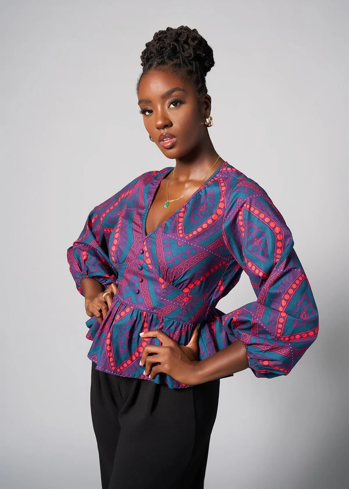 Imudara Women's African Print Peplum Blouse (Rhubarb Retro Diamonds)
