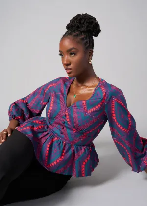 Imudara Women's African Print Peplum Blouse (Rhubarb Retro Diamonds)