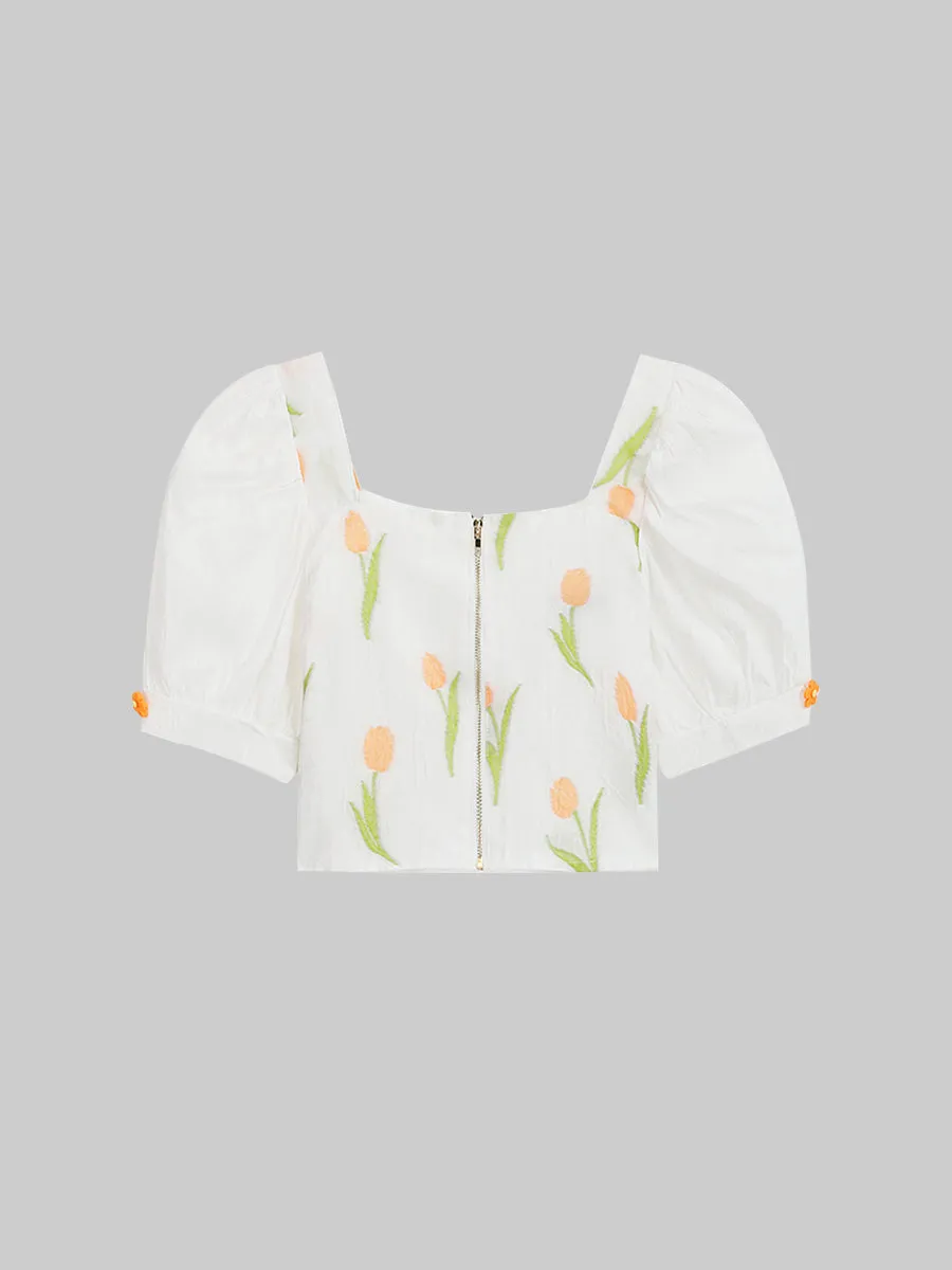 Jacquard French Square Collar Shirt Top