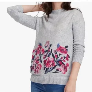 Joules Penny Statement Floral Embroidered Jumper Sweater Gray Marled Size 10