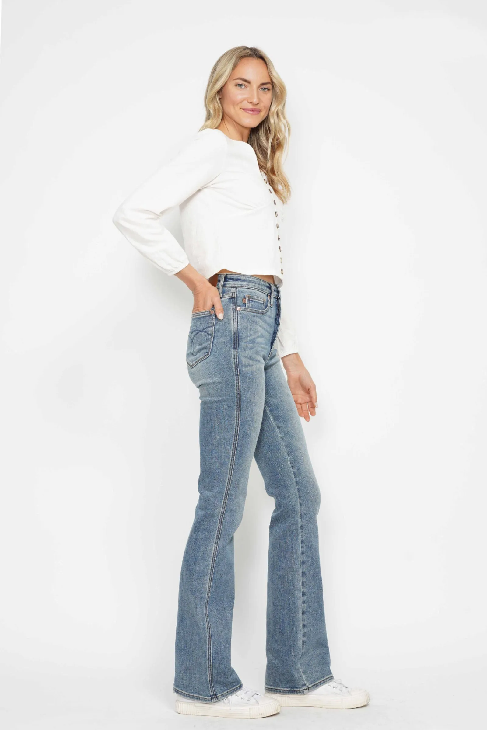 Judy Blue Full Size Tummy Control Back Embroidered Pocketed Bootcut Jeans Plus Size