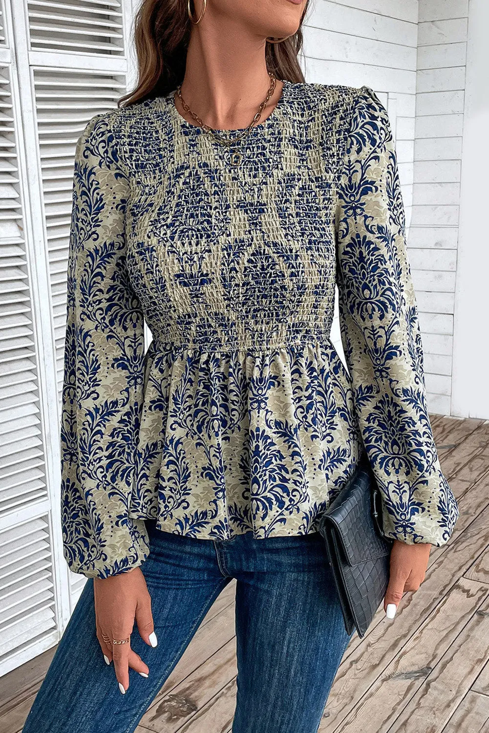 KaleaBoutique Boho Printed Balloon Sleeve Smocked Peplum Blouse