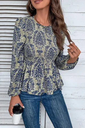 KaleaBoutique Boho Printed Balloon Sleeve Smocked Peplum Blouse