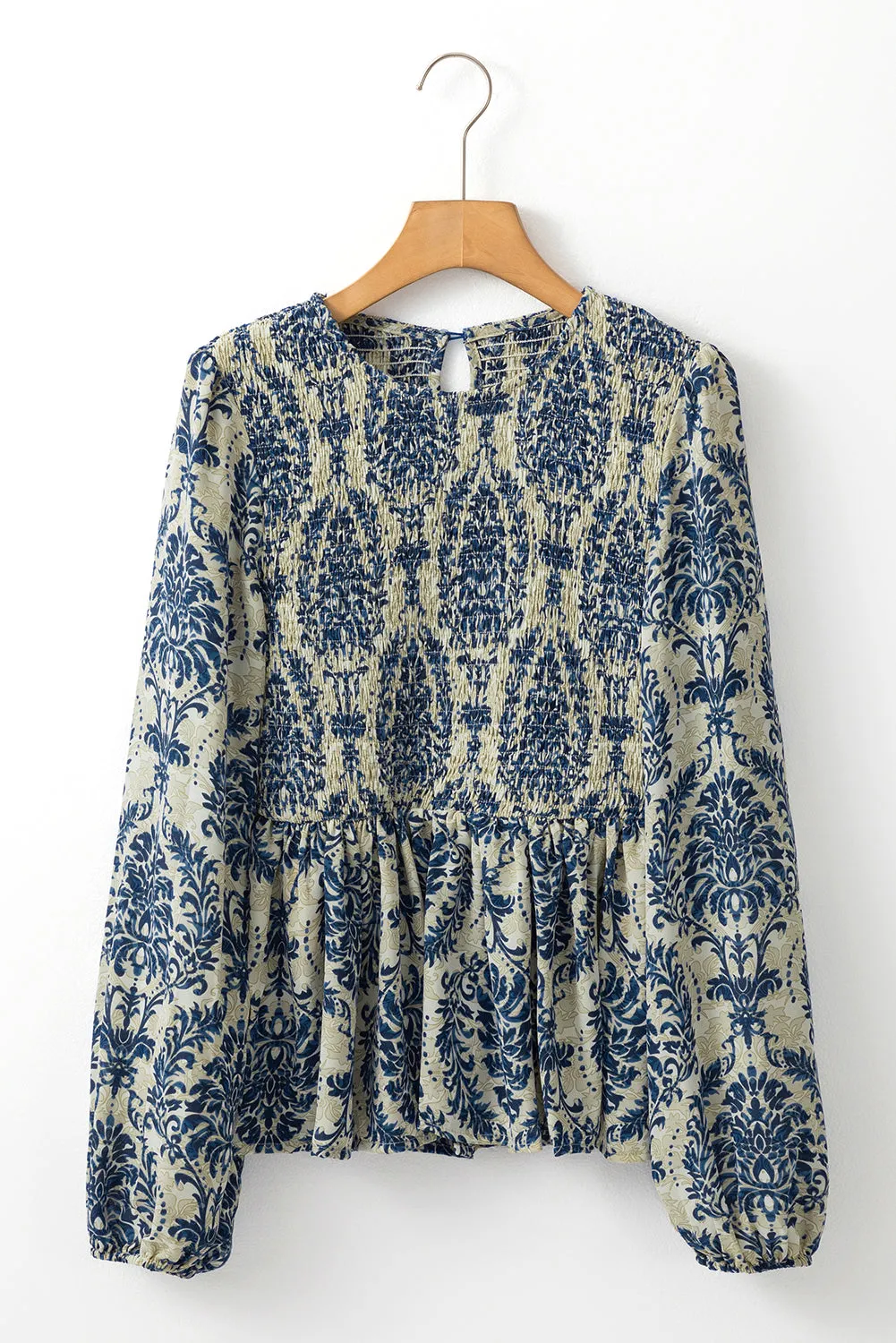 KaleaBoutique Boho Printed Balloon Sleeve Smocked Peplum Blouse