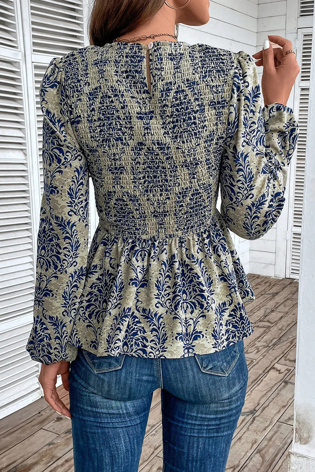 KaleaBoutique Boho Printed Balloon Sleeve Smocked Peplum Blouse