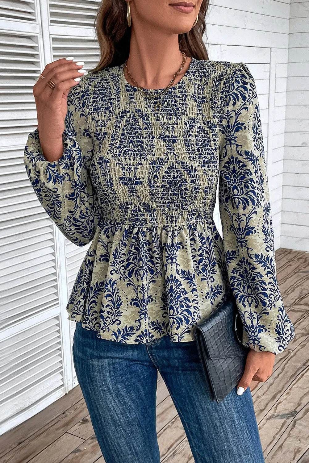 KaleaBoutique Boho Printed Balloon Sleeve Smocked Peplum Blouse