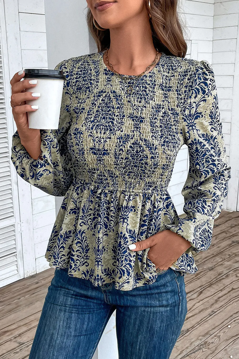 KaleaBoutique Boho Printed Balloon Sleeve Smocked Peplum Blouse