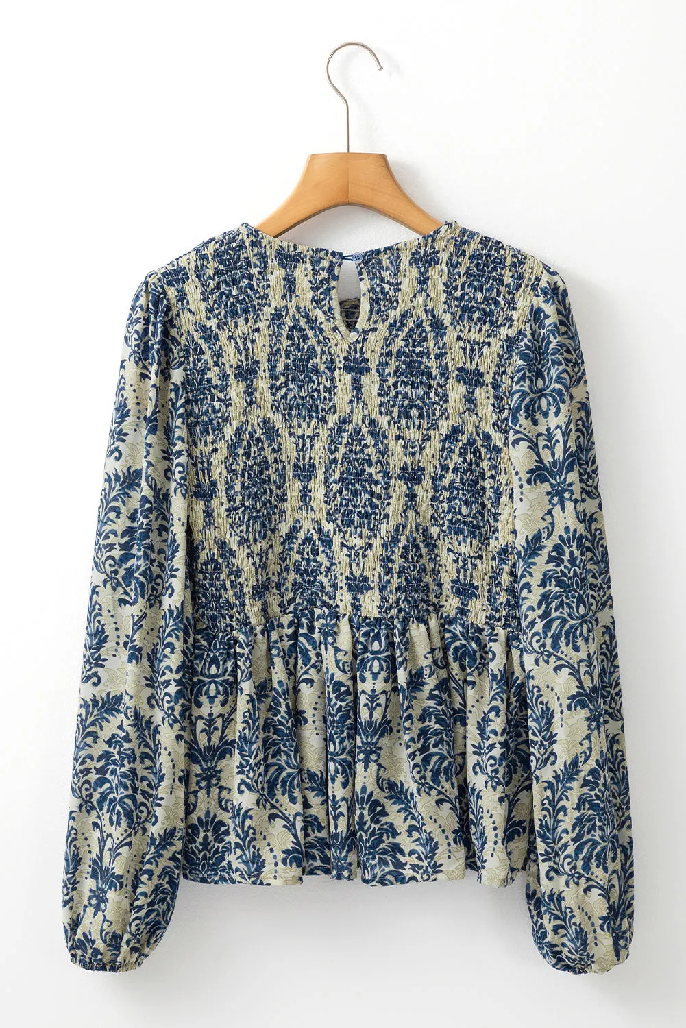 KaleaBoutique Boho Printed Balloon Sleeve Smocked Peplum Blouse