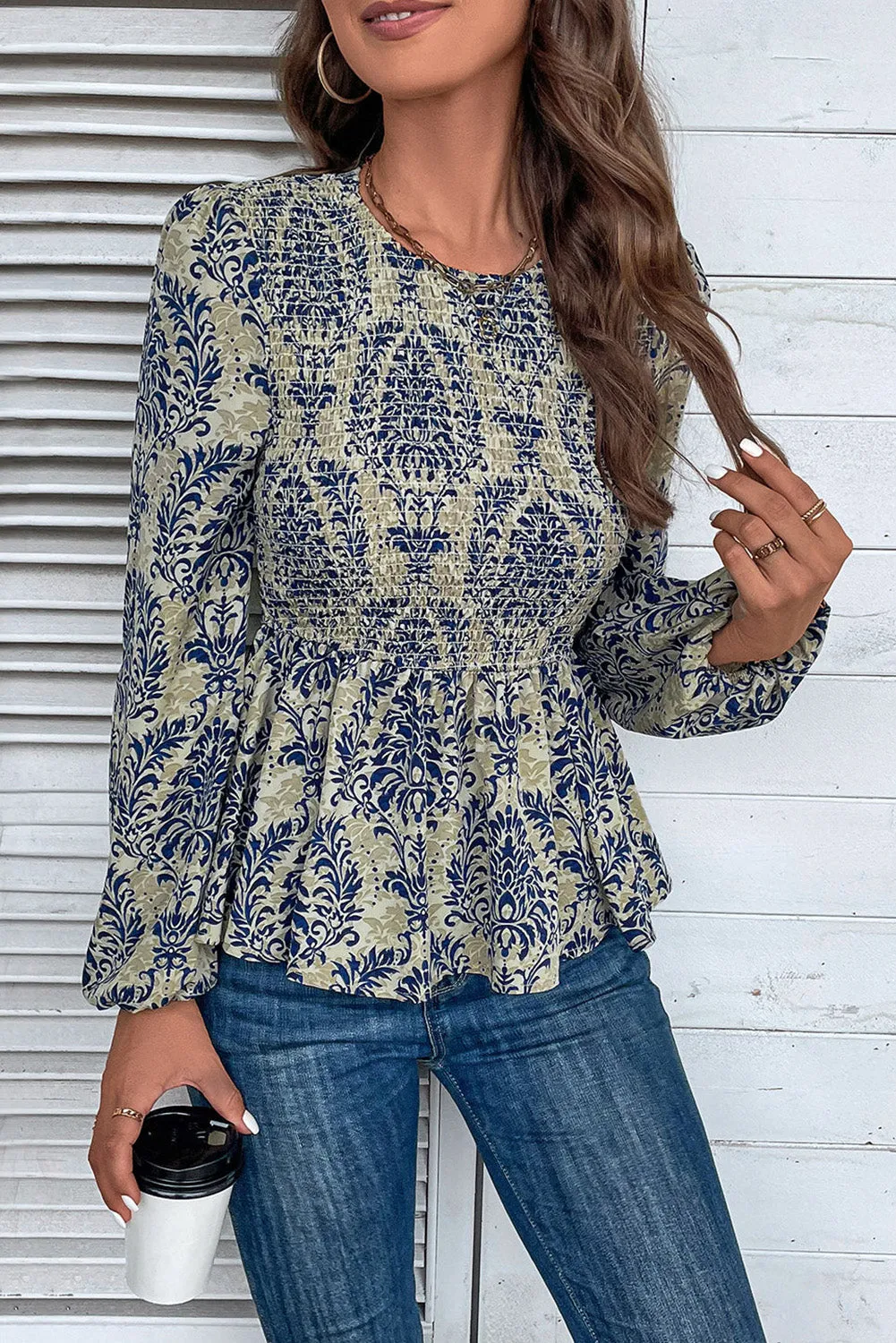 KaleaBoutique Boho Printed Balloon Sleeve Smocked Peplum Blouse