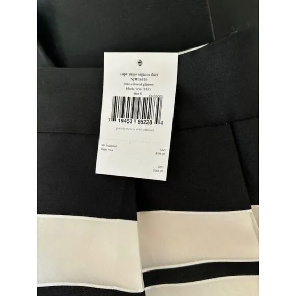 KATE SPADE CAPE STRIPE ORGANZA SKIRT, rose-colored glasses BLACK/CRM SZ 6 NWT