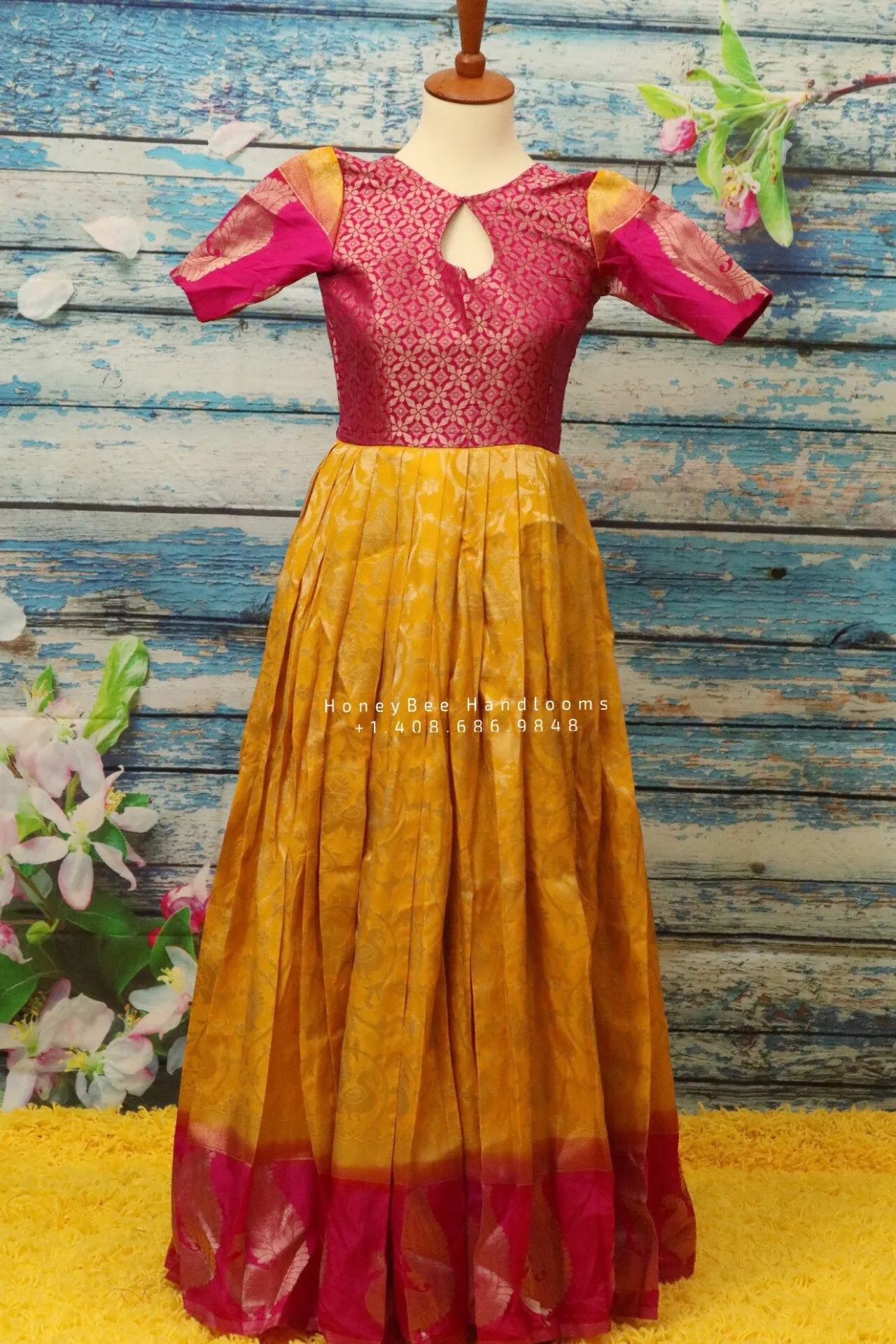 Kids gown,banaras kids dress, kids frock,Diwali dress kids,benaras fabric dress for kids,kids patty dress,kids pink yellow dress