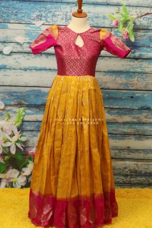 Kids gown,banaras kids dress, kids frock,Diwali dress kids,benaras fabric dress for kids,kids patty dress,kids pink yellow dress
