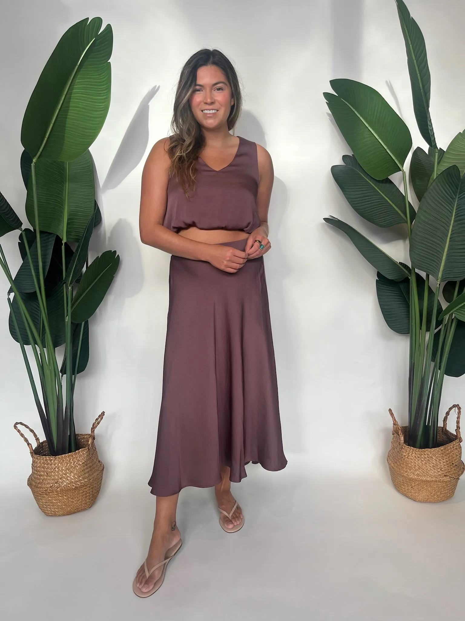 KLD V-Neck Washed Satin Bubble Hem Top
