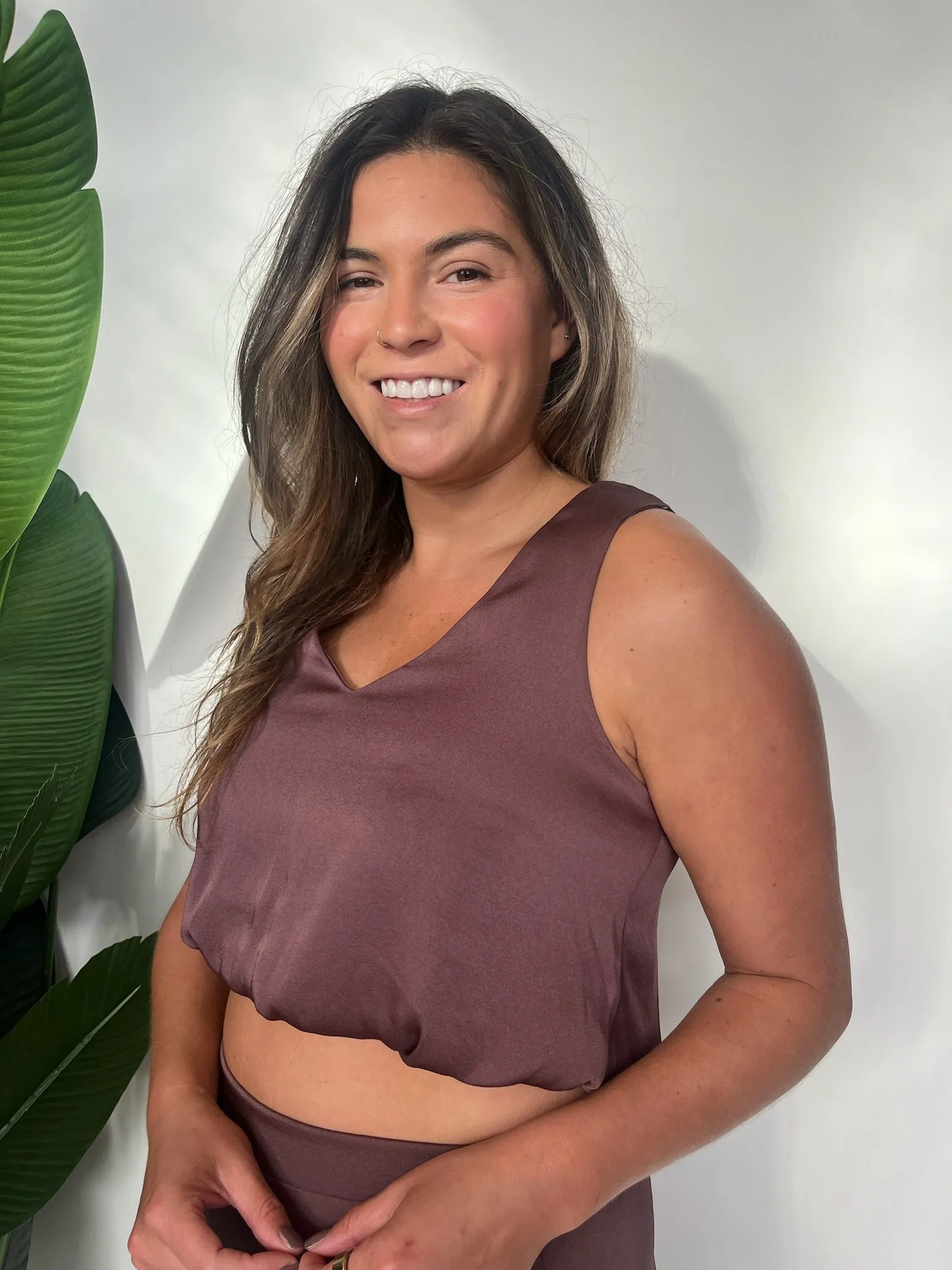 KLD V-Neck Washed Satin Bubble Hem Top