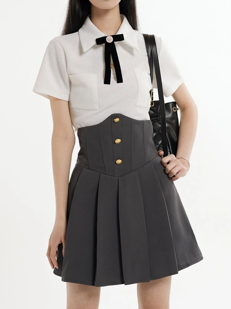 Knitted White Blouse   Corset Pleated Skirt Set