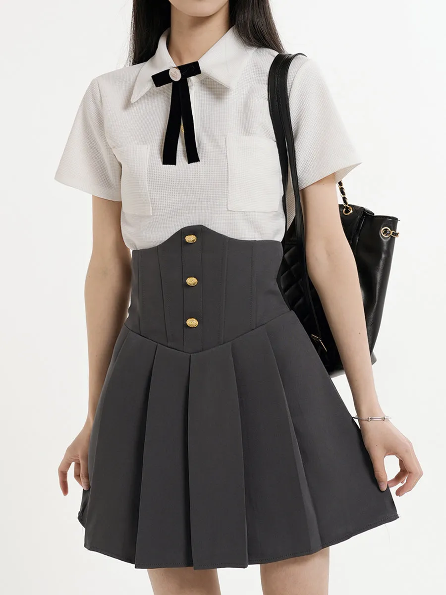 Knitted White Blouse   Corset Pleated Skirt Set