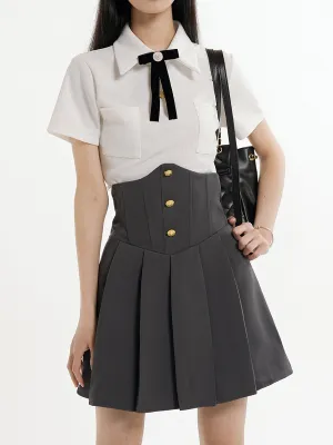 Knitted White Blouse   Corset Pleated Skirt Set