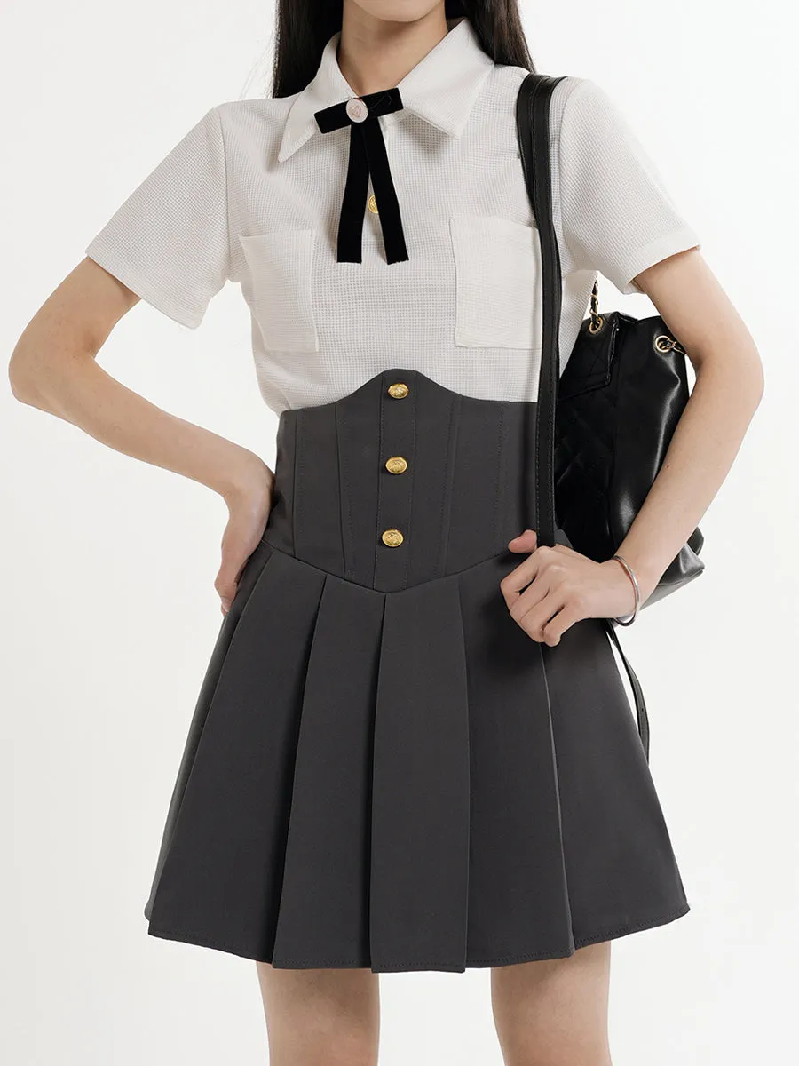 Knitted White Blouse   Corset Pleated Skirt Set