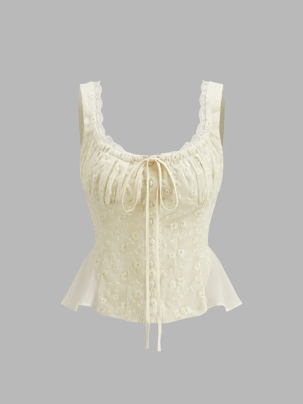 Lace Trim Ruched Floral Peplum Top
