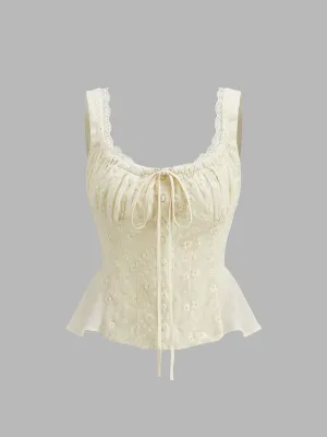 Lace Trim Ruched Floral Peplum Top