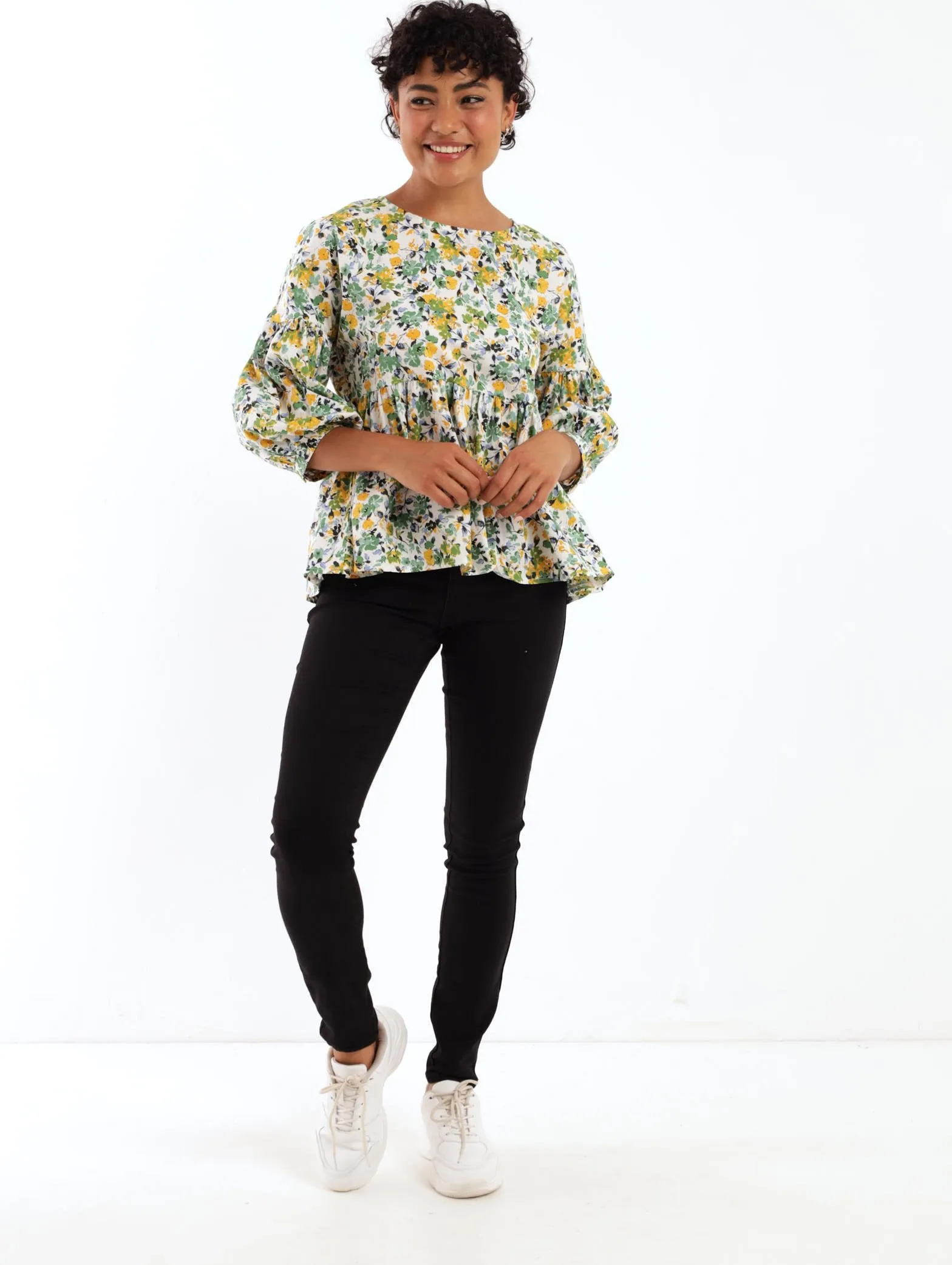 Ladies 3/4 Sleeve Poplin Peplum Bubble Sleeve Blouse - Yellow
