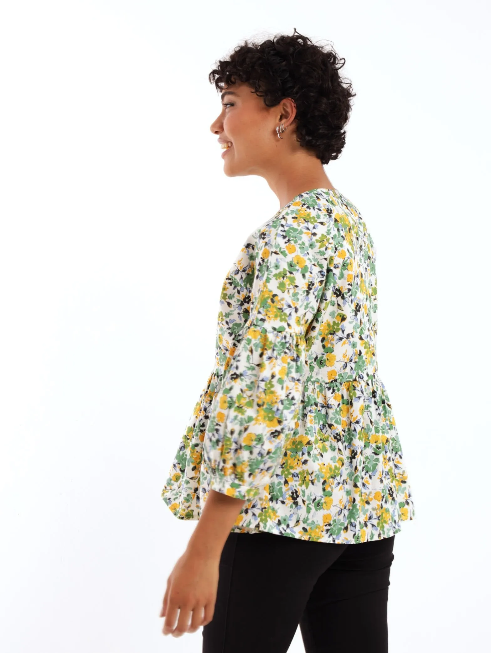Ladies 3/4 Sleeve Poplin Peplum Bubble Sleeve Blouse - Yellow