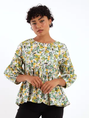 Ladies 3/4 Sleeve Poplin Peplum Bubble Sleeve Blouse - Yellow