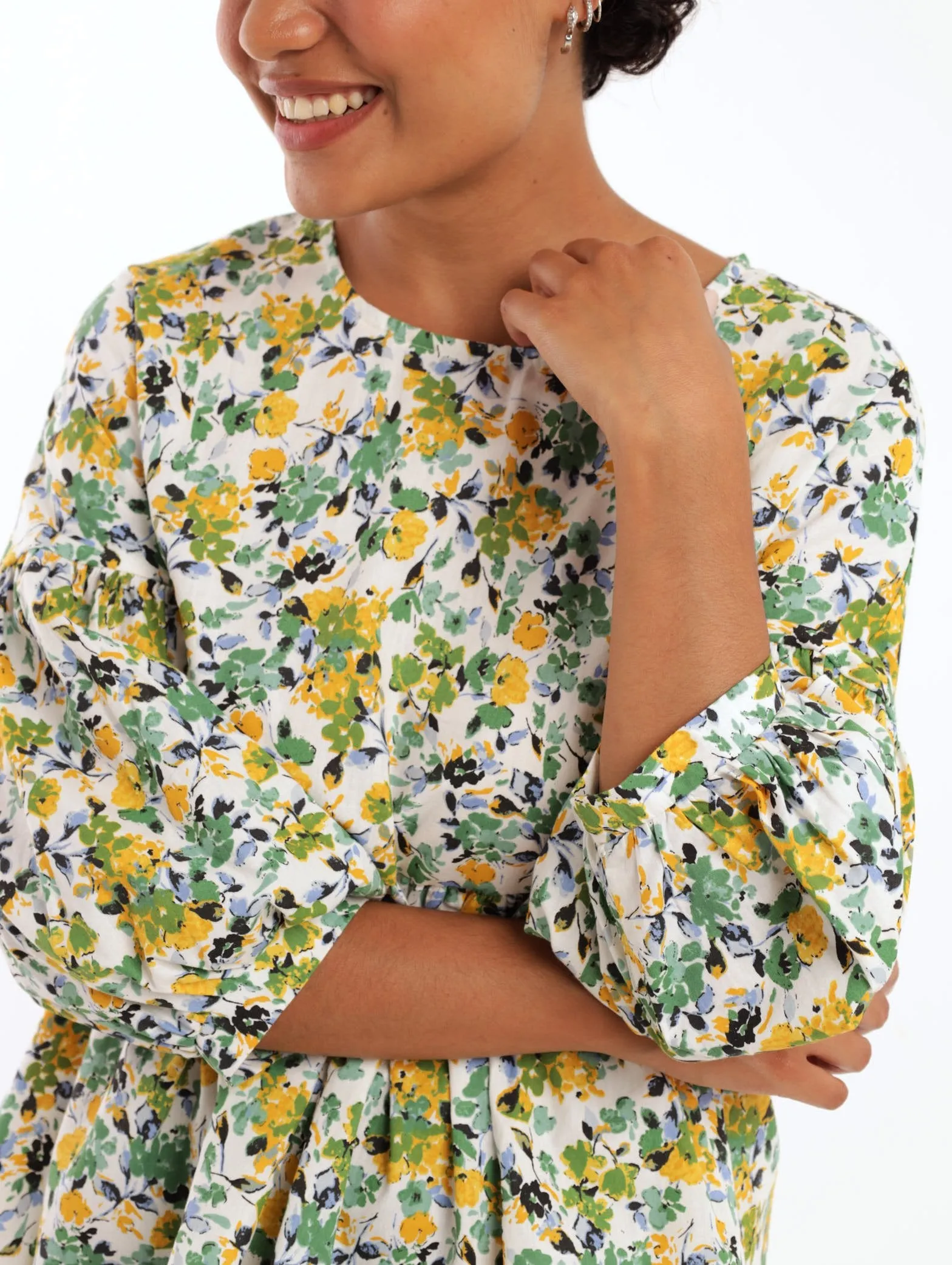Ladies 3/4 Sleeve Poplin Peplum Bubble Sleeve Blouse - Yellow