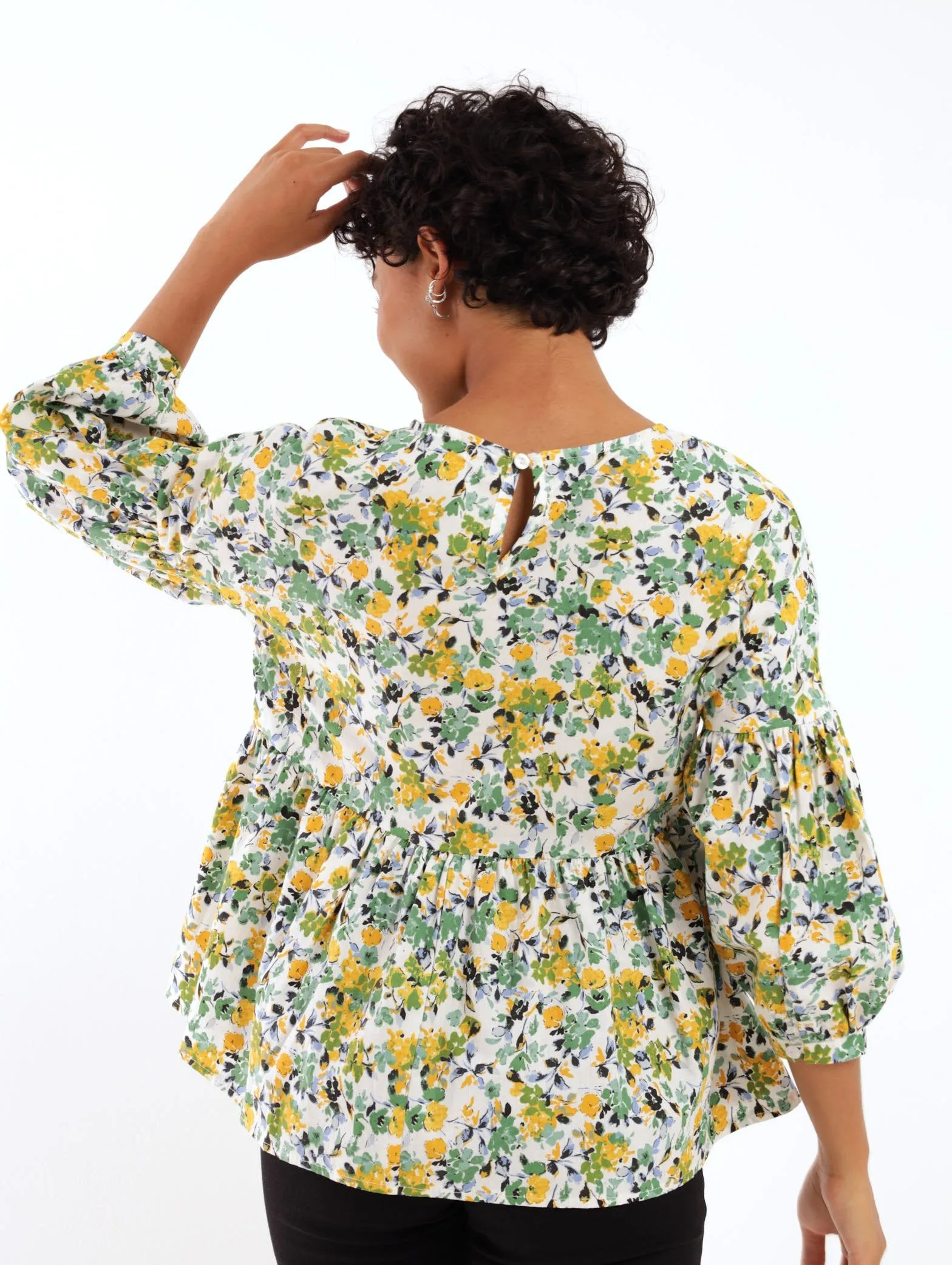 Ladies 3/4 Sleeve Poplin Peplum Bubble Sleeve Blouse - Yellow