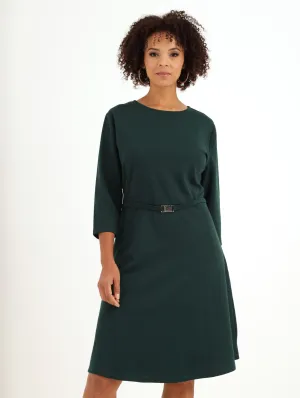 Ladies Belted A-Line Dress - Green