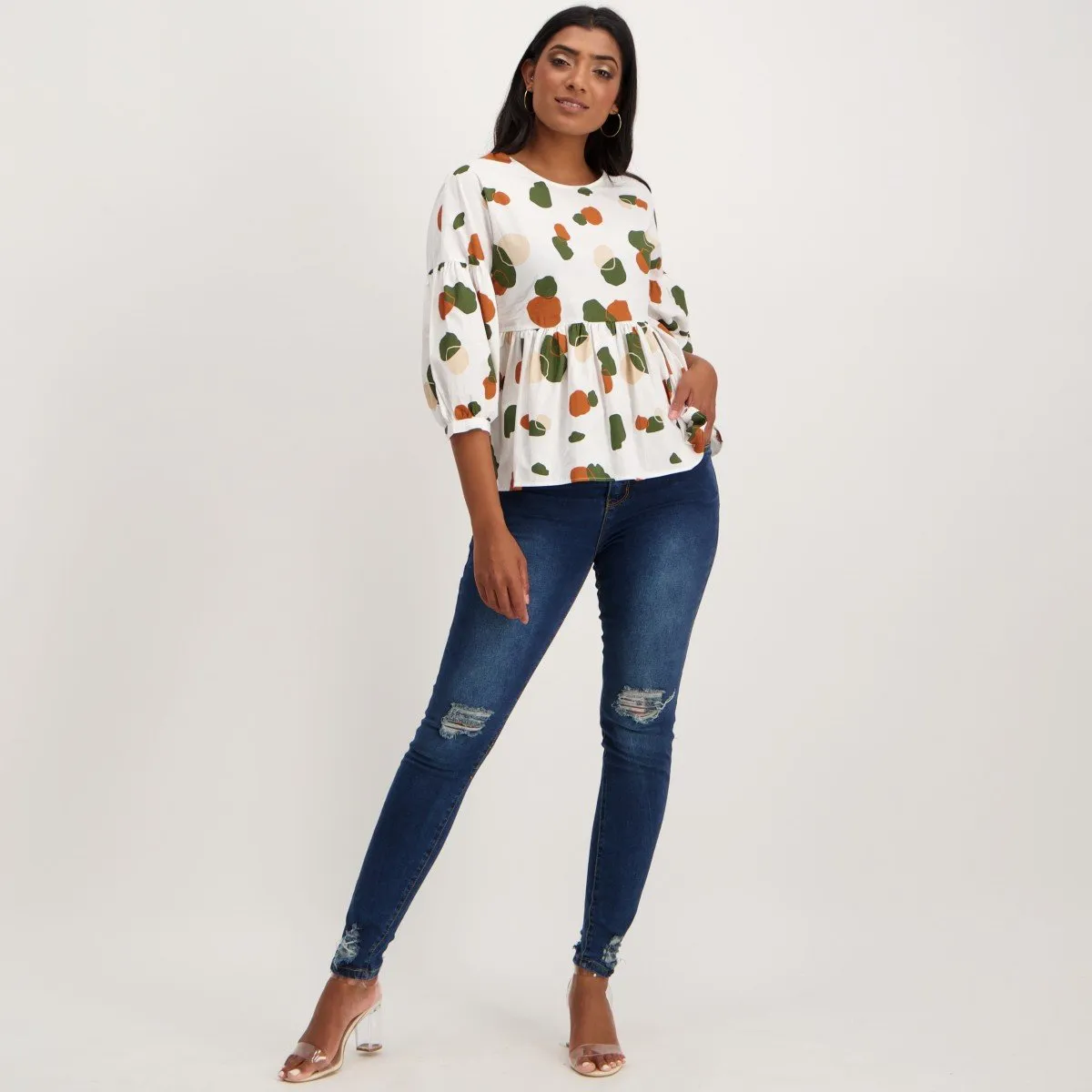Ladies Cotton Peplum Bubble Sleeve Top