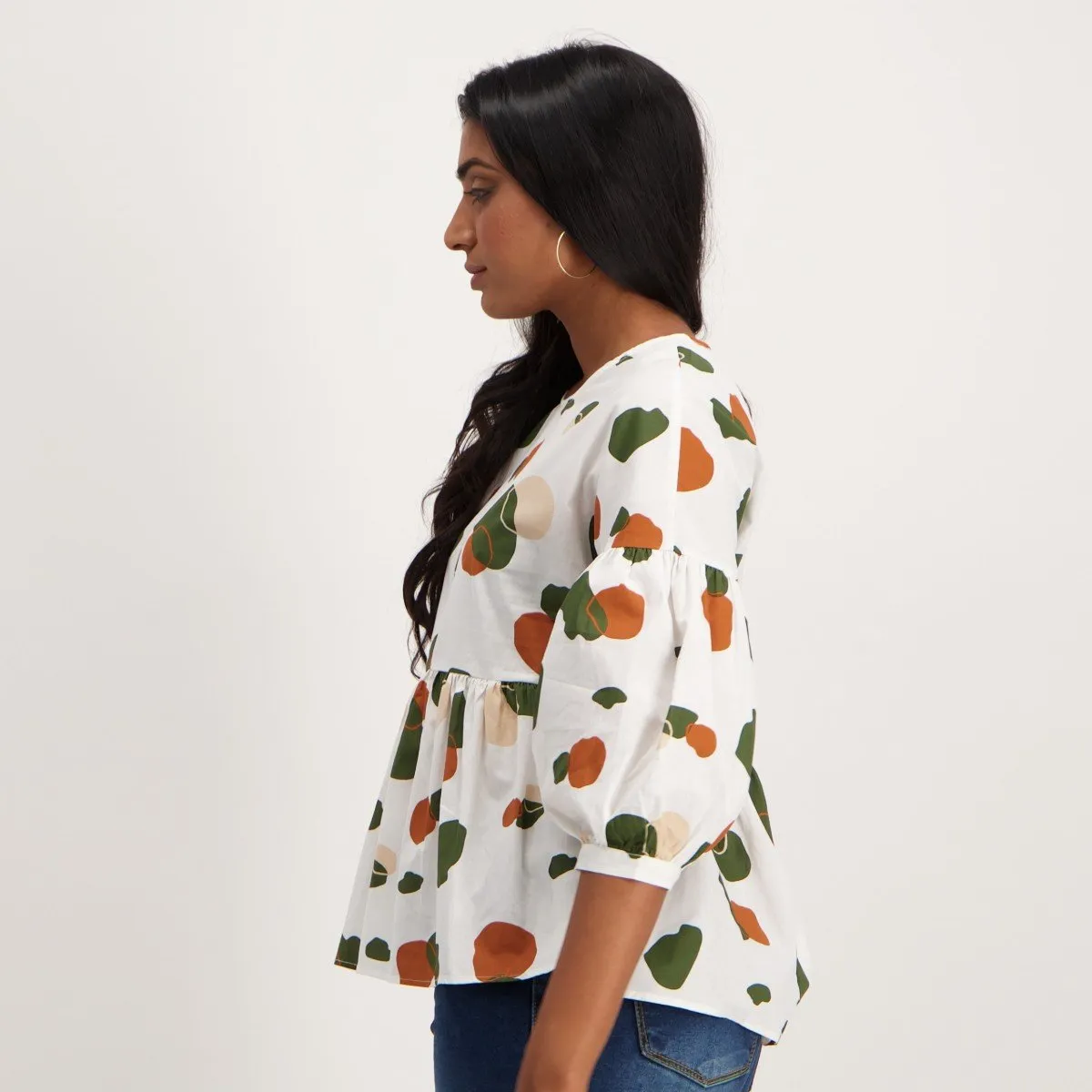Ladies Cotton Peplum Bubble Sleeve Top