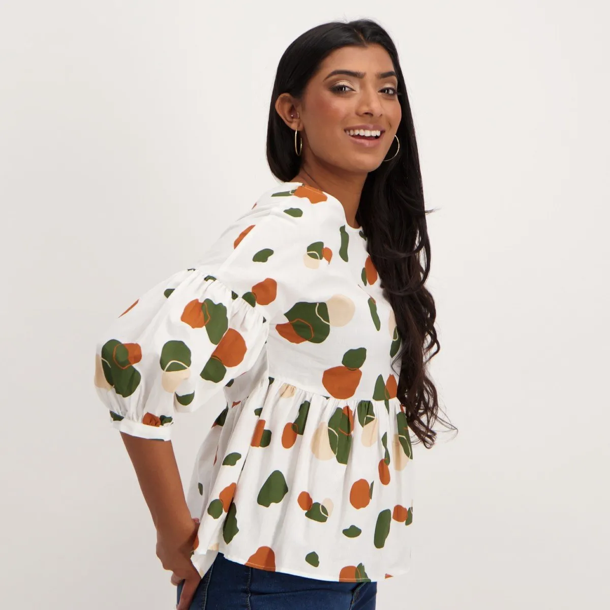Ladies Cotton Peplum Bubble Sleeve Top