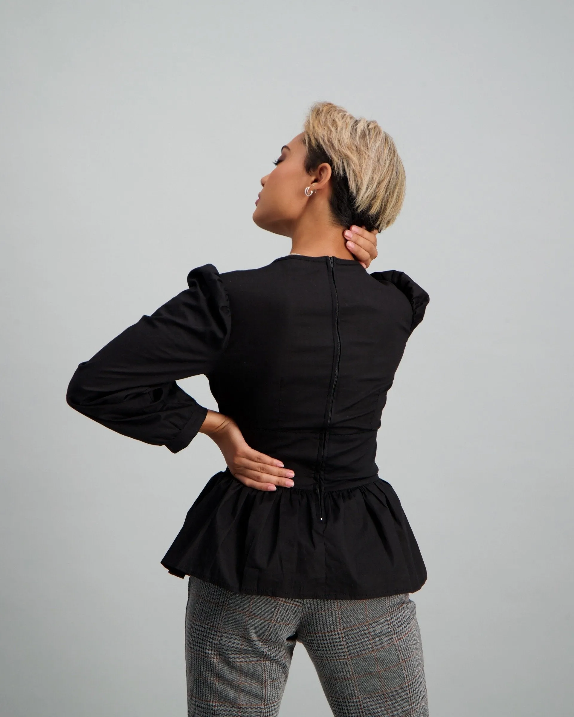 Ladies Peplum Cotton Blouse - Black