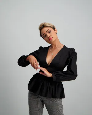 Ladies Peplum Cotton Blouse - Black