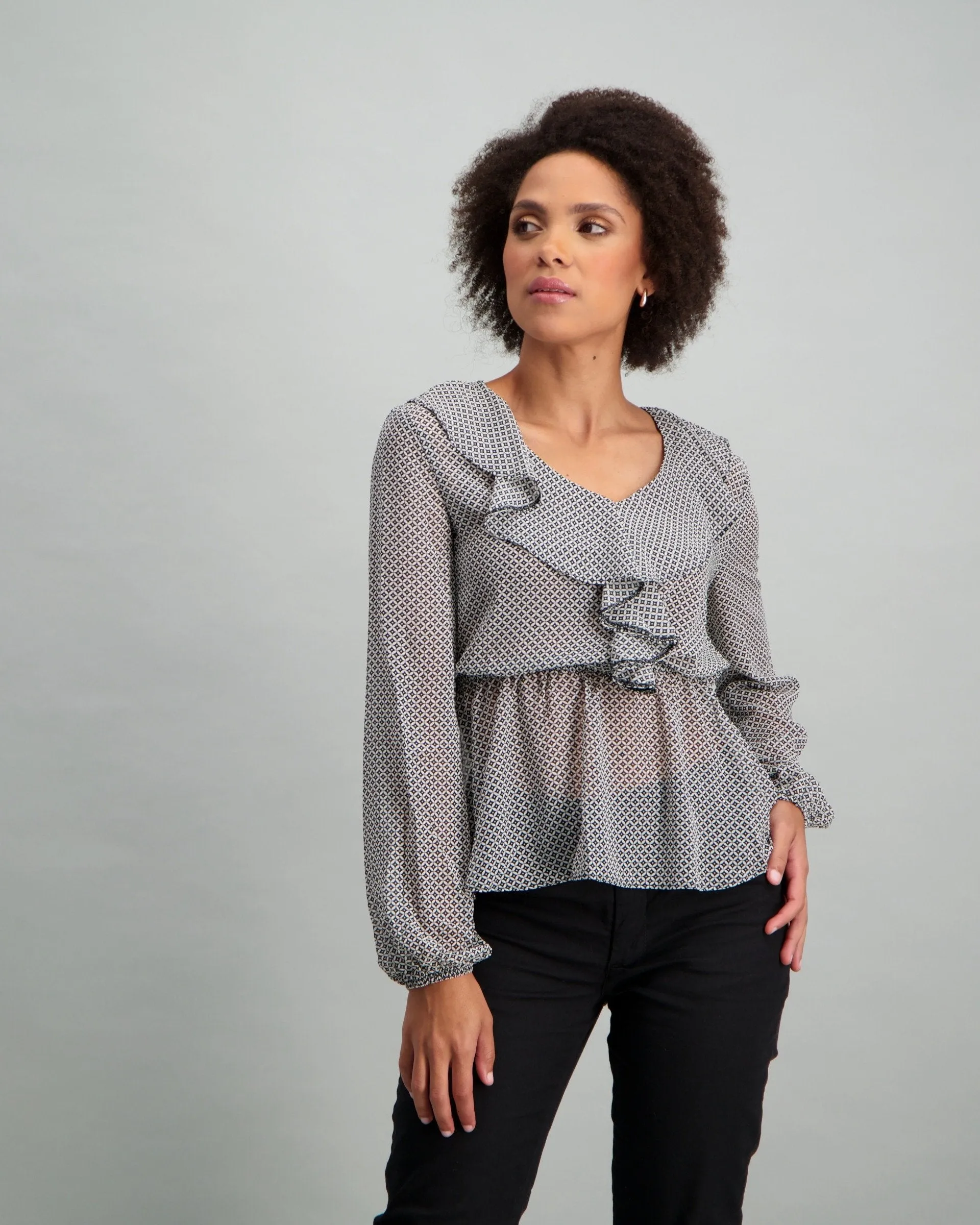 Ladies Ruffle Peplum Blouse - Black/White