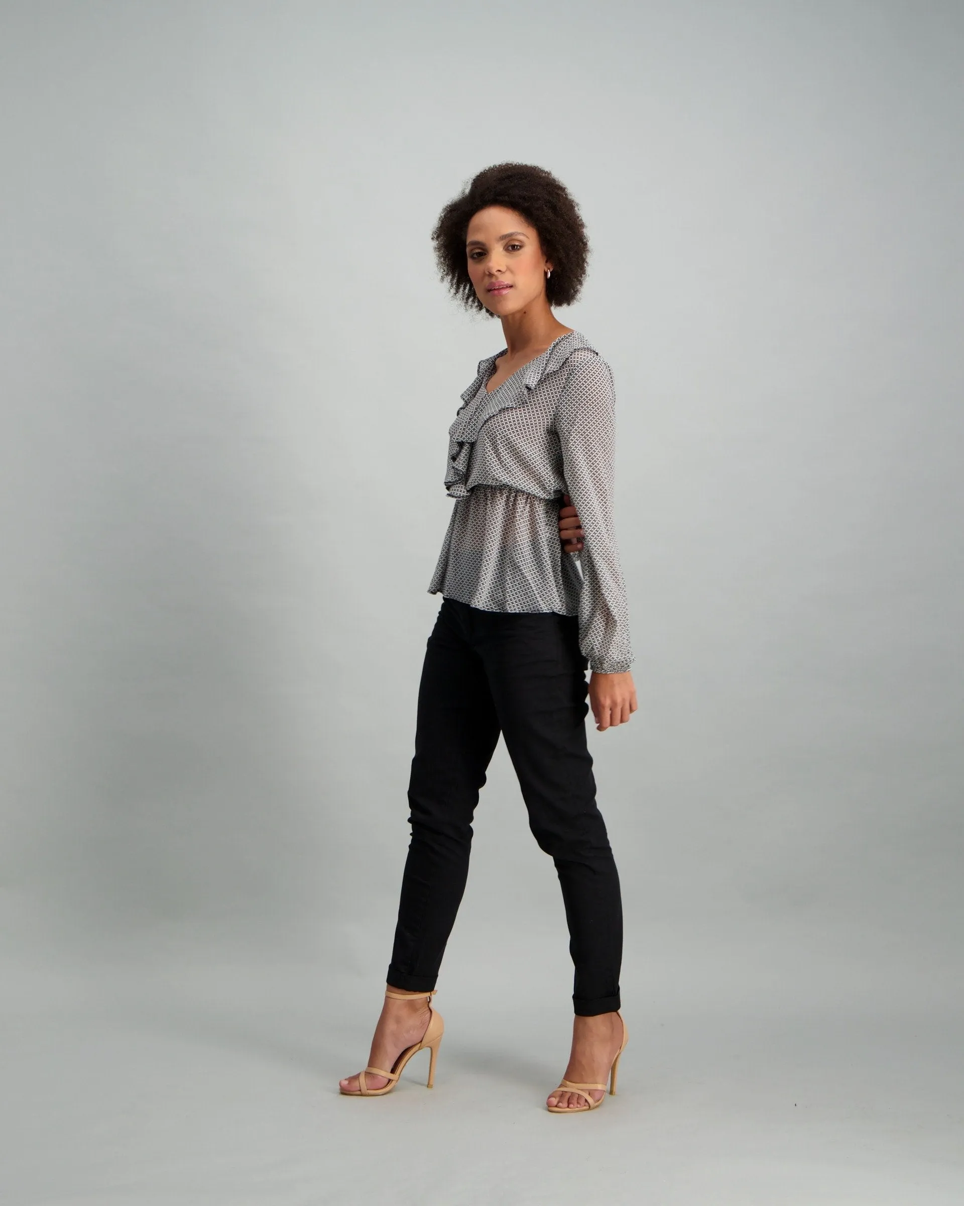 Ladies Ruffle Peplum Blouse - Black/White
