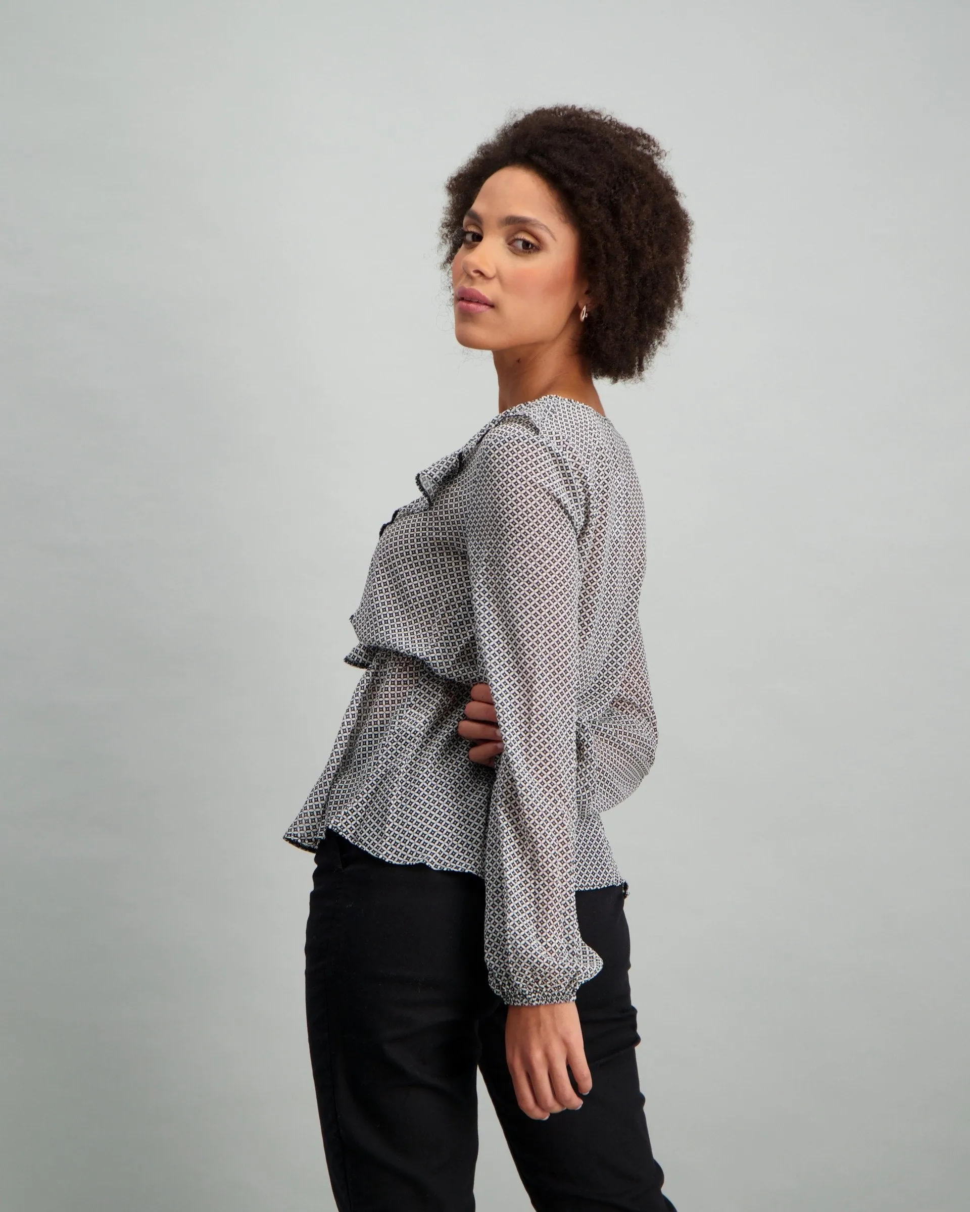 Ladies Ruffle Peplum Blouse - Black/White