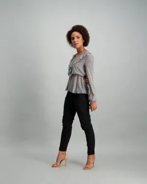 Ladies Ruffle Peplum Blouse - Black/White