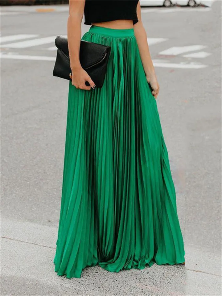 Lady Spring Summer Pure Color Pleated Big Swing Maxi Skirts