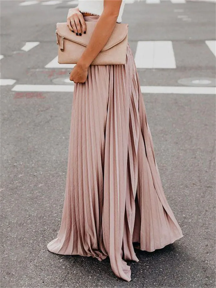 Lady Spring Summer Pure Color Pleated Big Swing Maxi Skirts