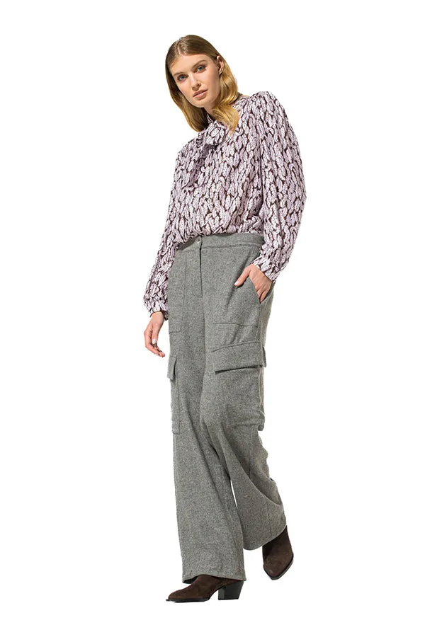 LEAF PRINTED LOOSE FLOUNCED BOW BLOUSE