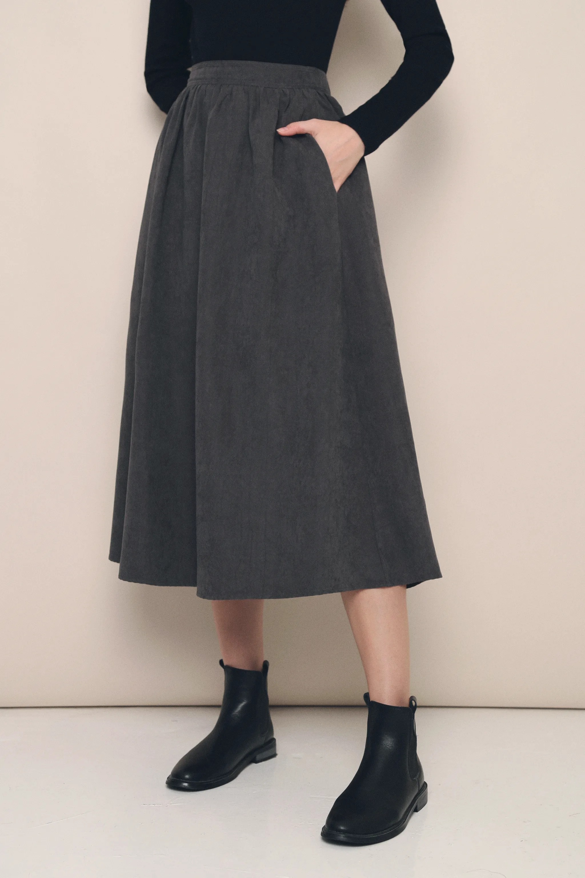 Leighton Suede Midi Skirt Slate Grey