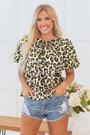 Leopard Bubble Sleeve Bow Peplum Blouse